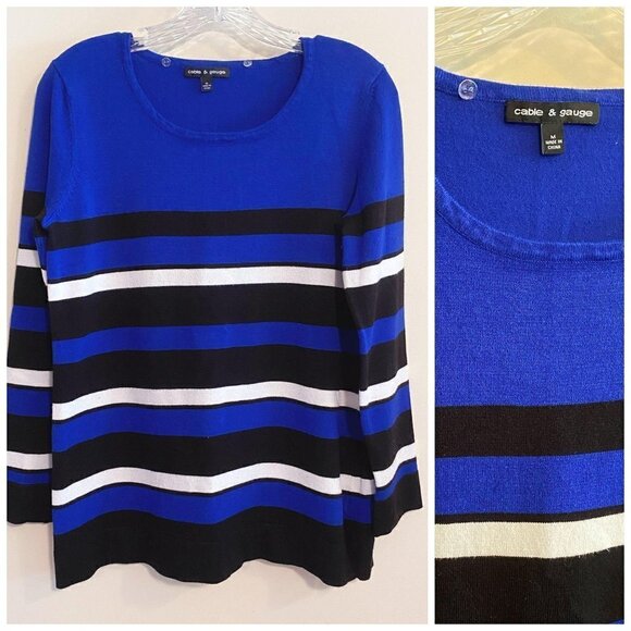 Cable & Gauge Sweater Cobalt Blue Striped Long Sleeve Women's Size Med *FLAW - Picture 2 of 10